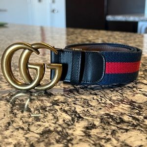 Gucci belt - black leather, navy/red stripe